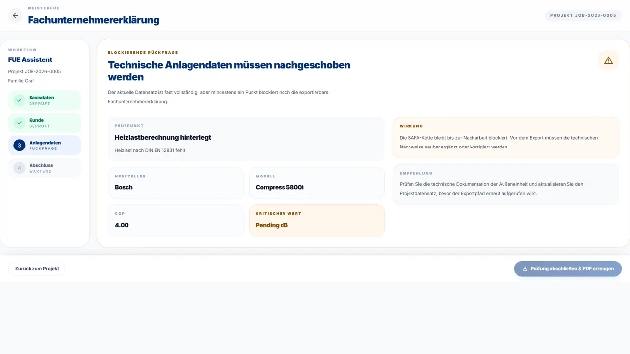 Blockierende Rückfrage: Heizlast nach DIN EN 12831 fehlt, Export ist gesperrt
