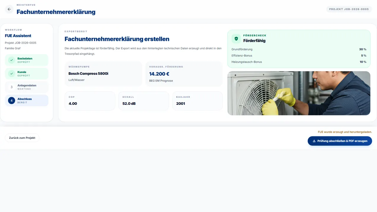 Erzeugte Fachunternehmererklärung als PDF in der Projektakte